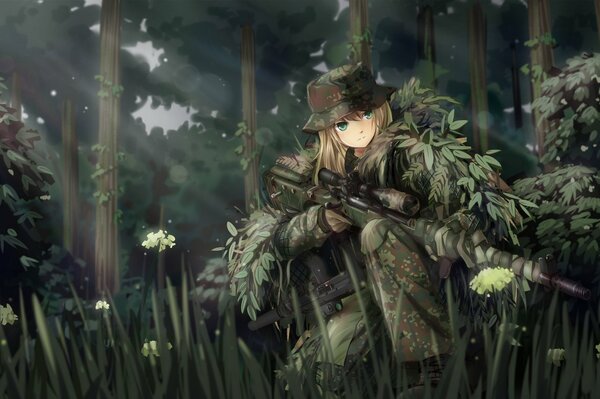 Anime girl in camouflage with a gun