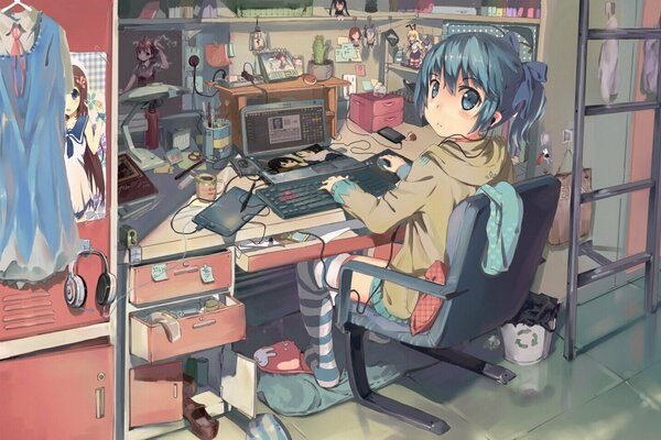 Арт девушки перед ноутбуком из аниме