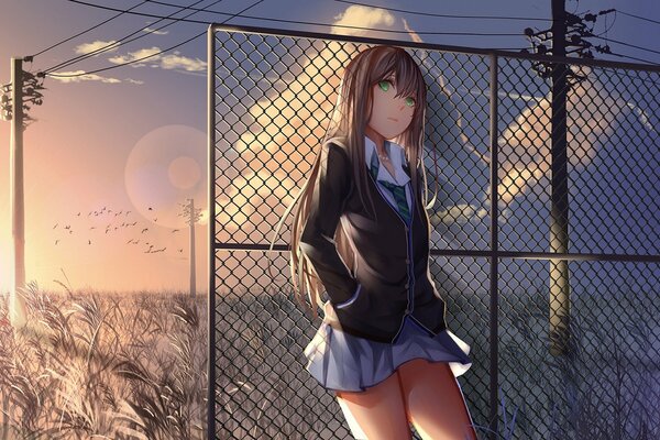 Anime fille écolière à la clôture de maille