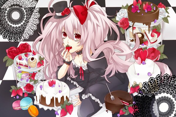 Anime-style girl eats strawberries from a cake