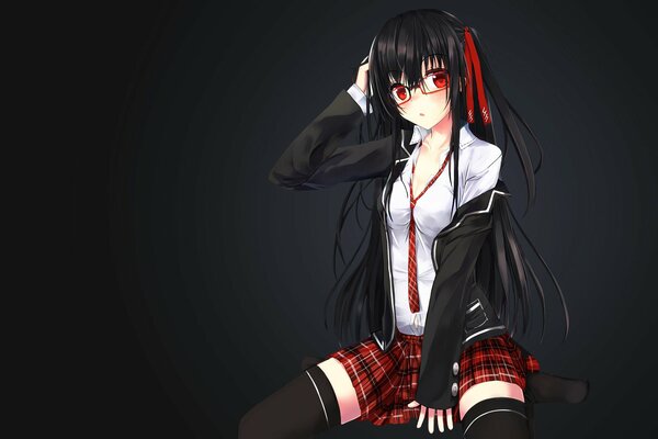 Anime schoolgirl in uniform and glasses with dark hair