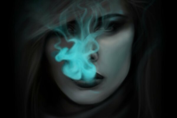 Арт девушка выдыхающая дым. Мрачный рисунок курящая девушка. Девушка в темноте. Синий дым. Зловещее. Холодный взгляд