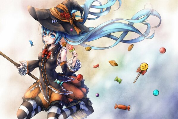 Anime. Una bruja con sombrero y medias vuela en una escoba en Halloween