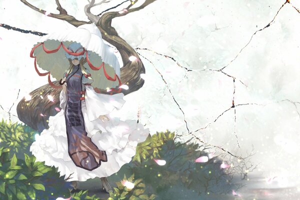 Arte ragazza con ombrello e albero