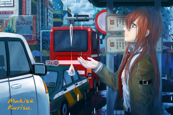 Anime Mädchen steht und wartet auf den bus