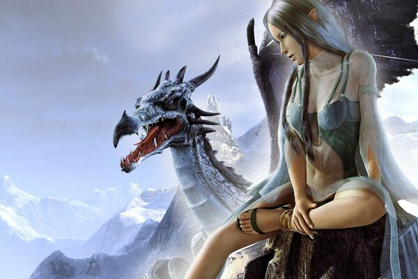 A girl in the mountains plays with a dragon