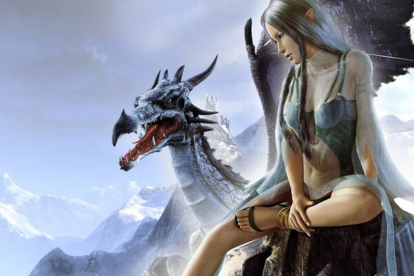 Fille dans les montagnes joue avec un dragon