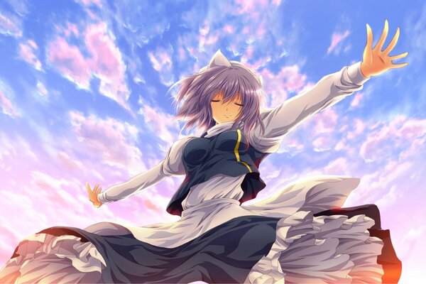 Anime girl in a dress against the sky