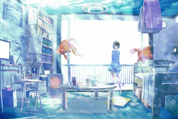 A girl in a room with aquarium fish