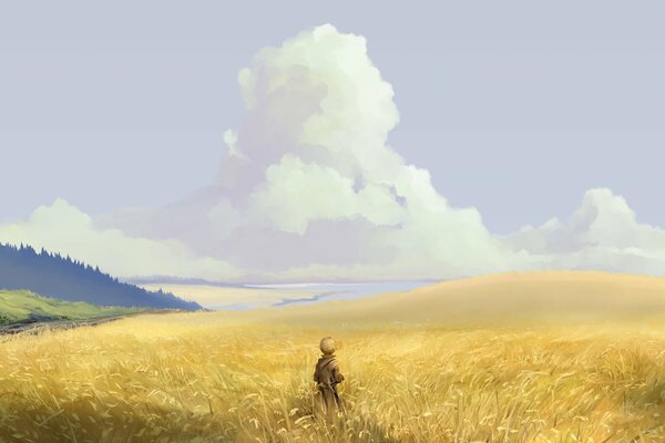 Guy dans un immense champ de blé