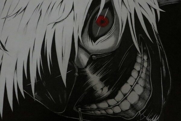 Dessin d un Tokyo Ghoul avec des yeux rouges et un sourire blanchi