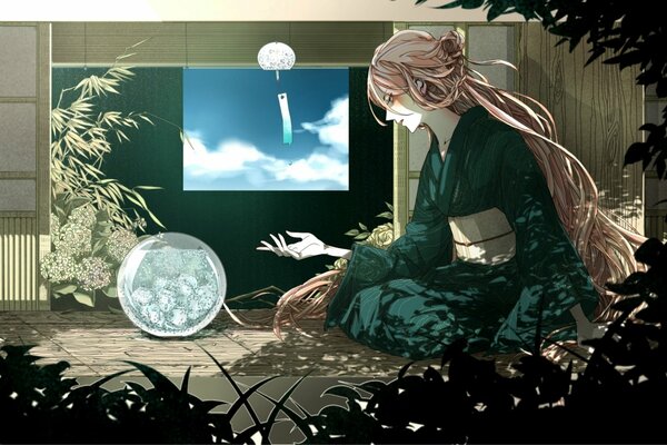 Anime girl in kimono by the window