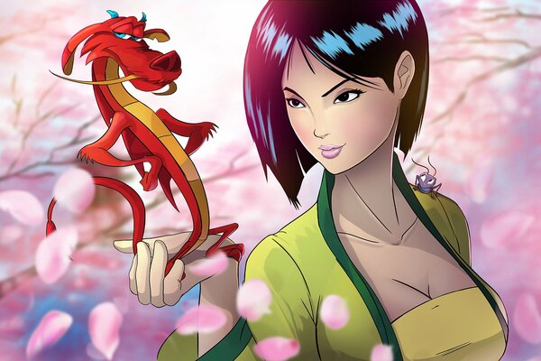 Bella princesa Mulan con un dragón