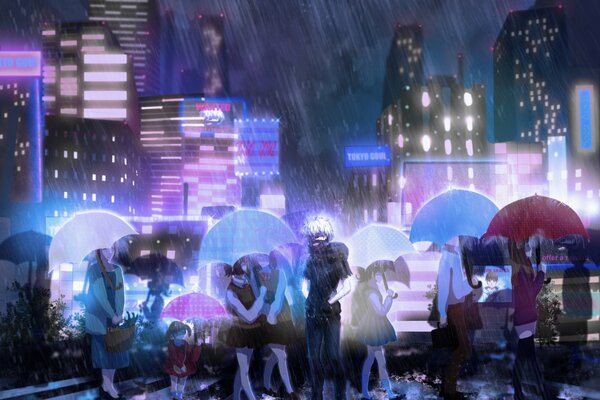 Art of people under umbrellas from the anime Tokyo ghoul