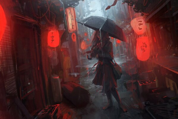 A girl on the street under an umbrella. Red lanterns
