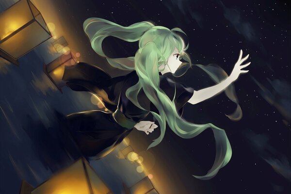 Anime girl with green hair on a dark background