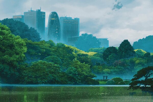 Towers in the fog by the river