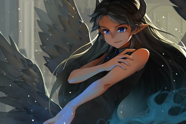 Anime figura di una ragazza mago con le ali e le corna