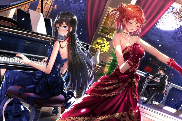 Dos chicas de anime en vestidos uno toca el piano, el otro baila