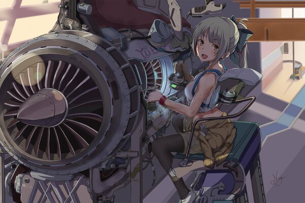 Anime mechanic girl repairs engine