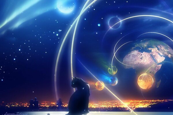 Czarny kot siedzący na oknie na tle nocnego nieba z Księżycem, planetami i gwiazdami