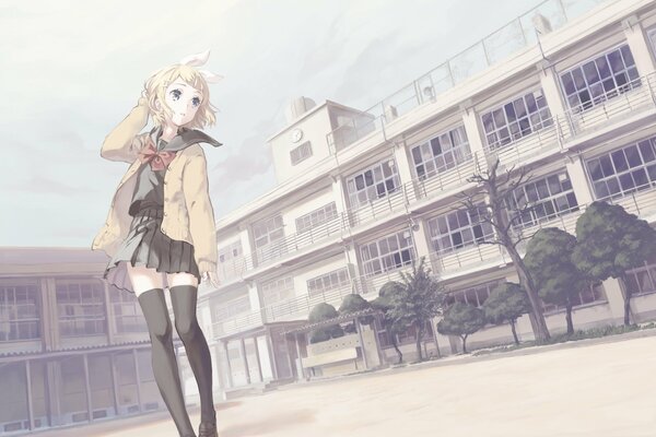 Near the school, a girl in stockings