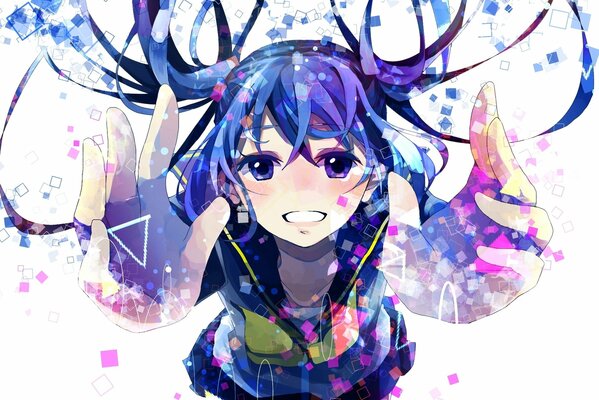 Miku Hatsune di Vocaloid . Anime arte hatsune miku. Ragazza anime con i capelli blu. Anime sorriso.