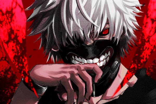 Ein Ghoul mit roten Augen im Anime-Stil