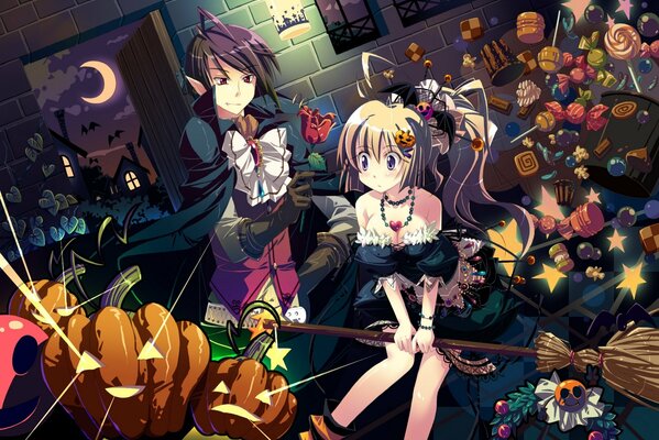 Anime del ragazzo e della ragazza nella celebrazione del giorno di Halloween