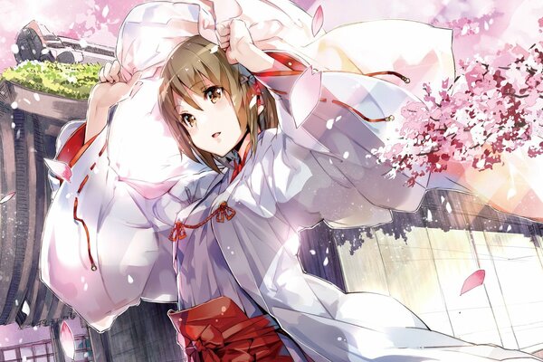Art de la jeune fille avec des vêtements en développement du vent sur fond de brindilles de Sakura