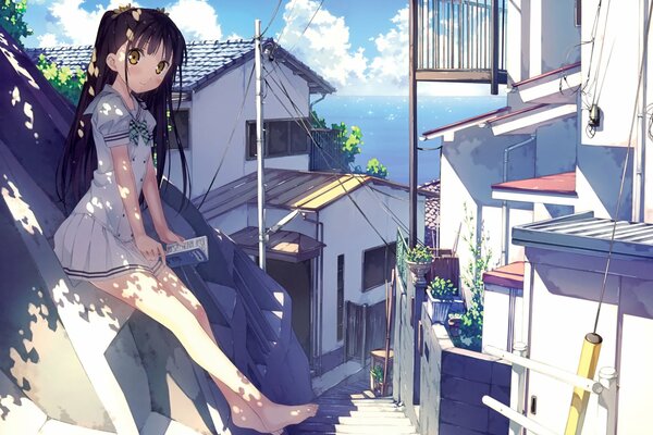 Девушка аниме сидит на крыше дома