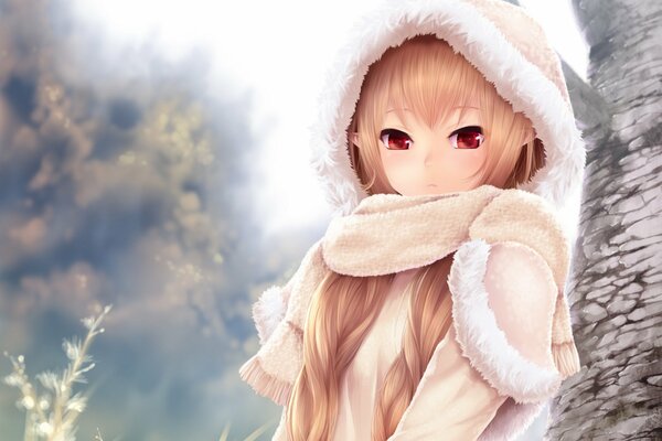 Anime girl in a hood and scarf