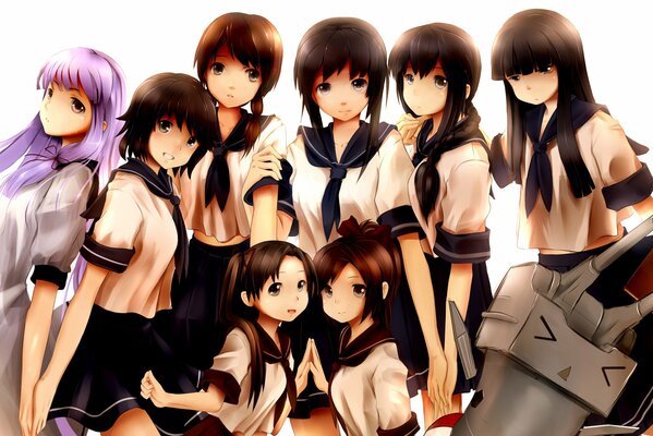 Eight schoolgirls in anime style are depicted
