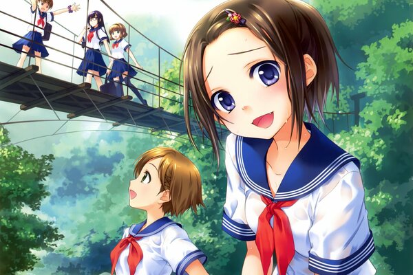 Anime girls schoolgirls on the bridge