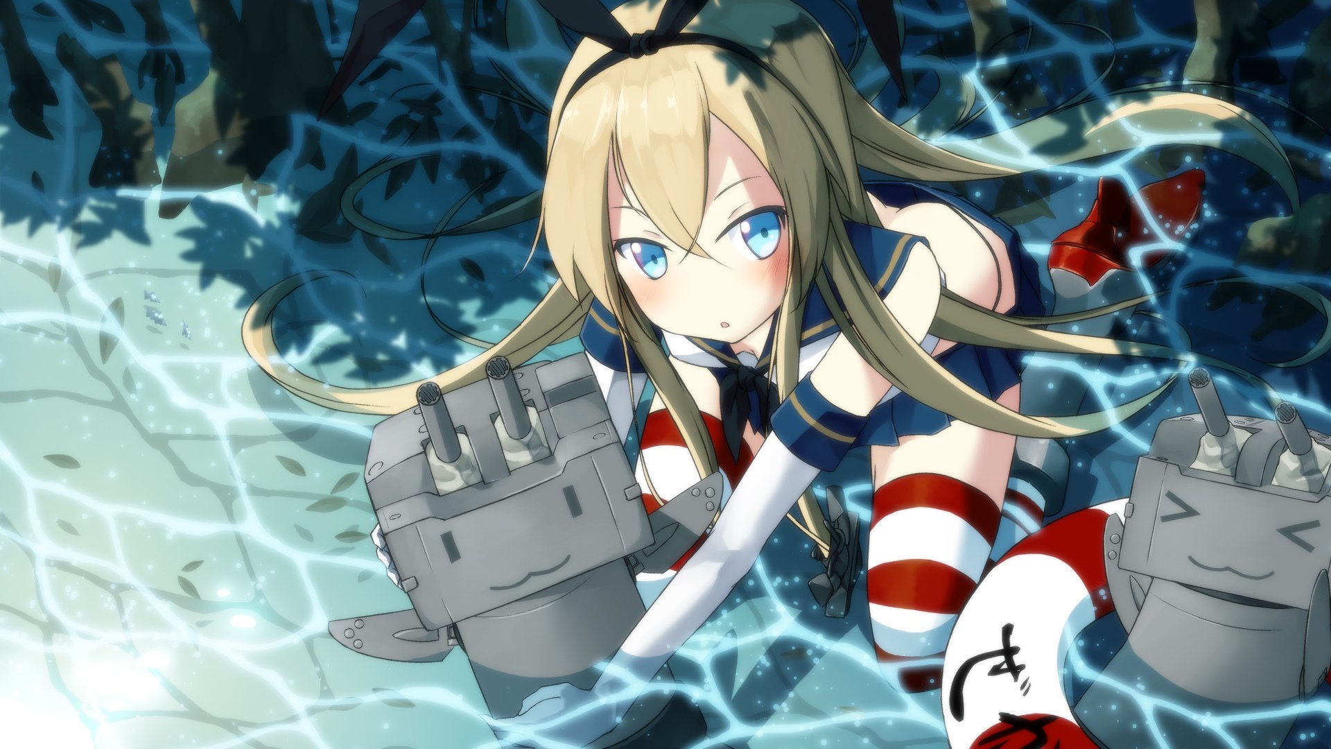 арт о daizen kantai коллекция rensouhou-чан девушка ушки круг вода школьница форма оружие