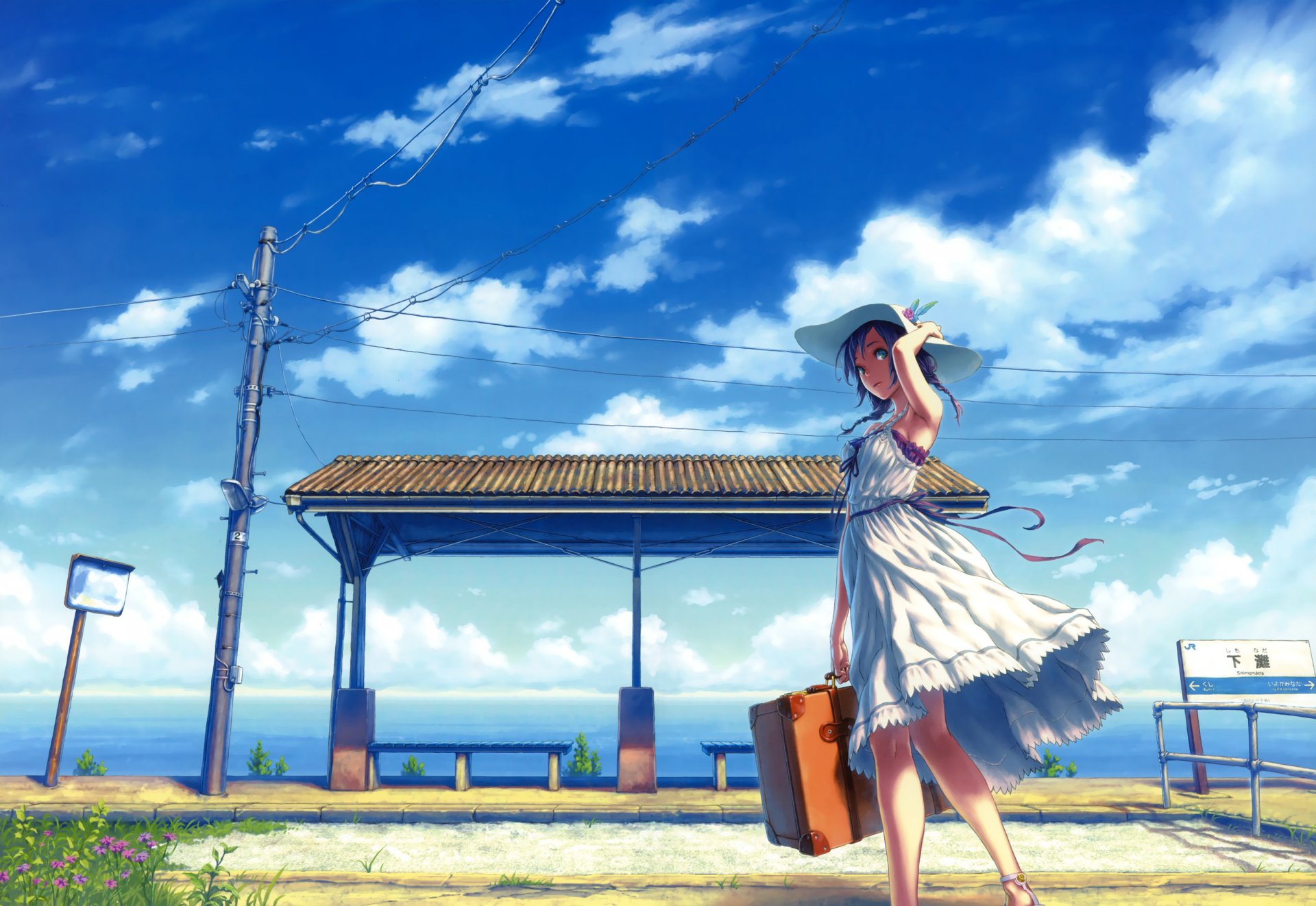 hisakata souji art fille robe chapeau queue de cochon vent rubans valise ciel nuages station pilier fil herbe fleurs