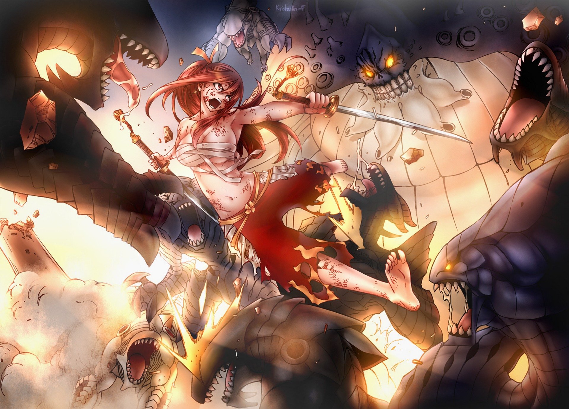 art kristallin-f girl erza scarlet anger breasts flight weapon bandages abrasion monsters battle fairy tail