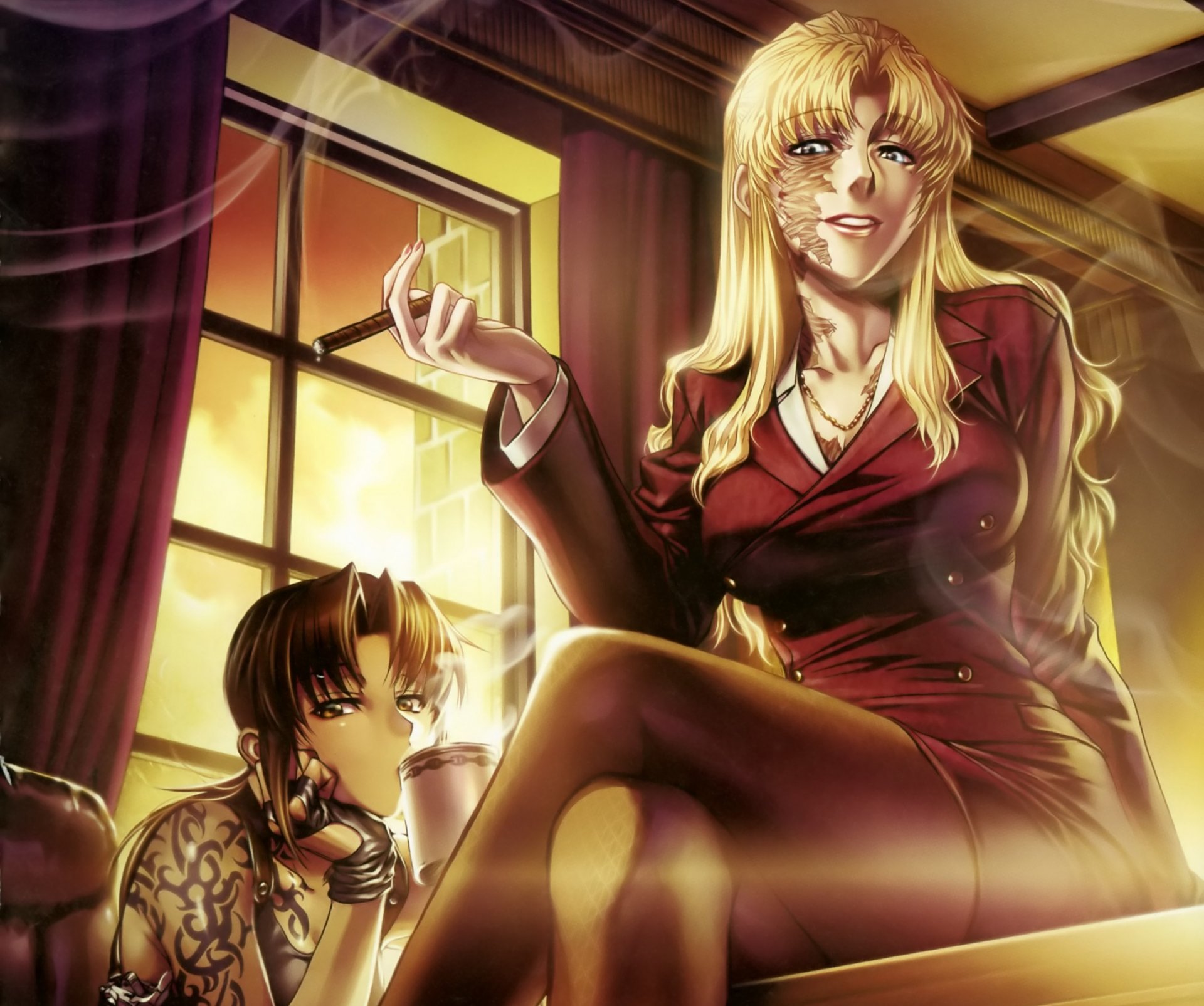 art hiroe rey anime pirates de black lagoon black lagoon revy balalaïka filles fumée cigare