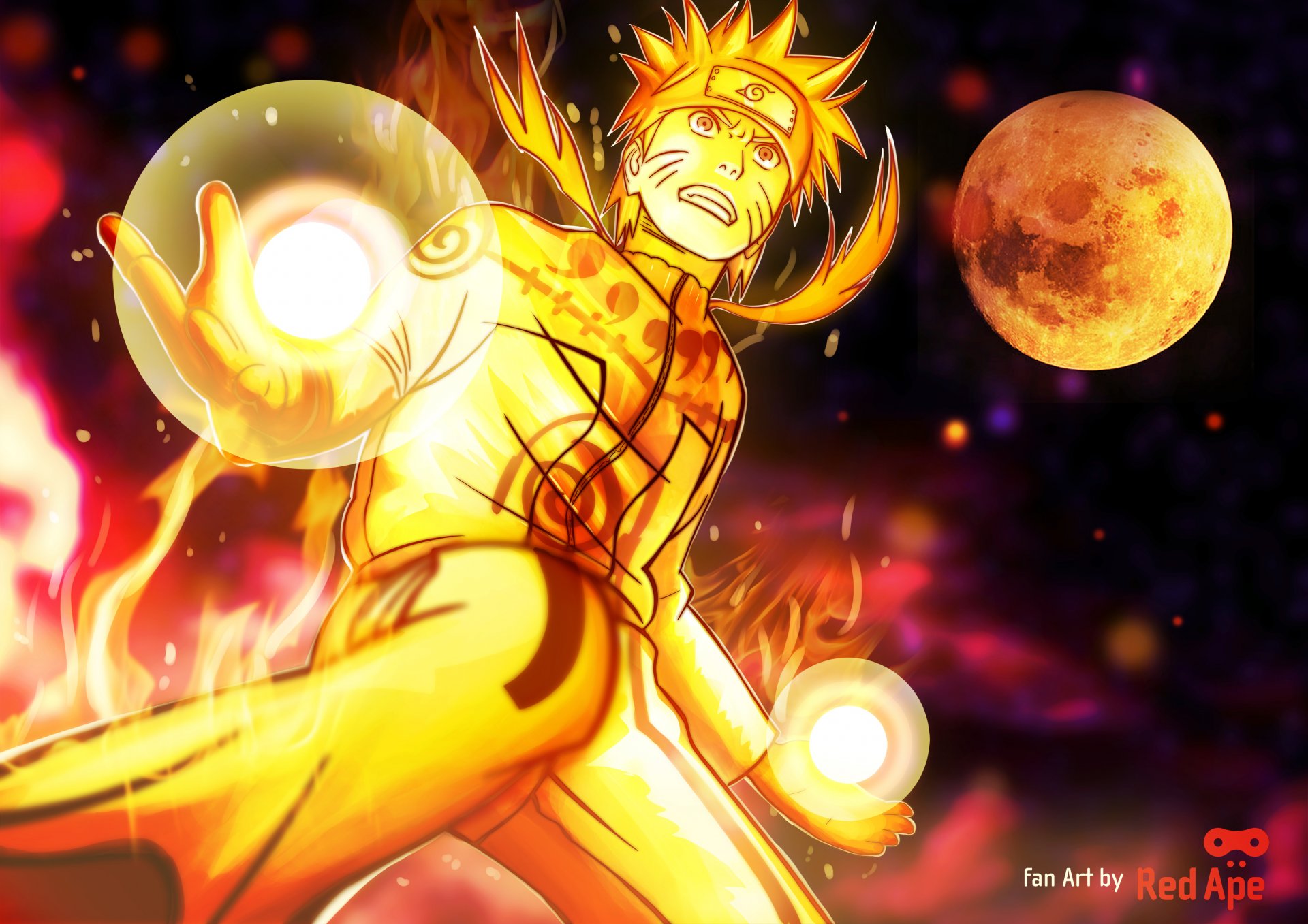 naruto modo bijuu uzumaki anime manga hitayate pelo rubio logotipo konohagakure no sato bijuu dama chakra llama ojo amarillo rabia ninja razengan luna arte