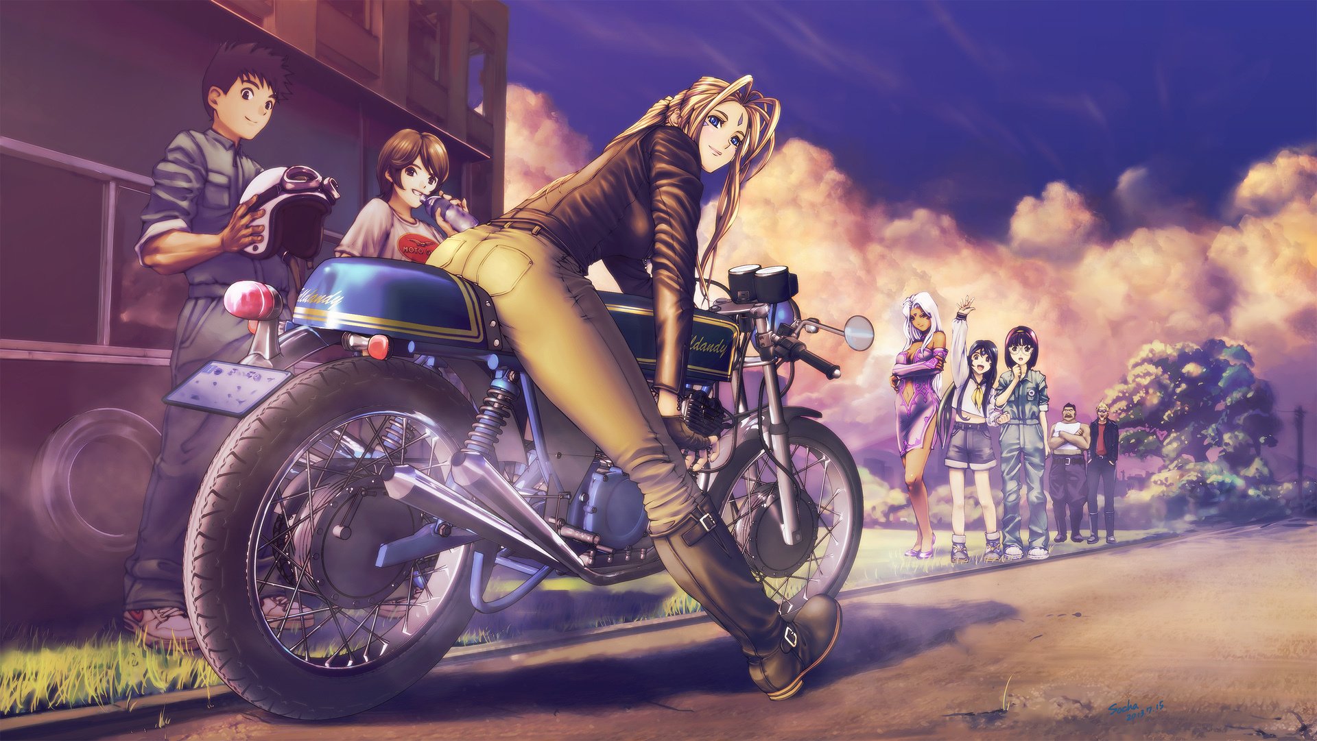 art soha filles gars belldandy accident morisato keiichi skuld morisato megumi regard sourire pose moto personnages rue coucher de soleil ma déesse