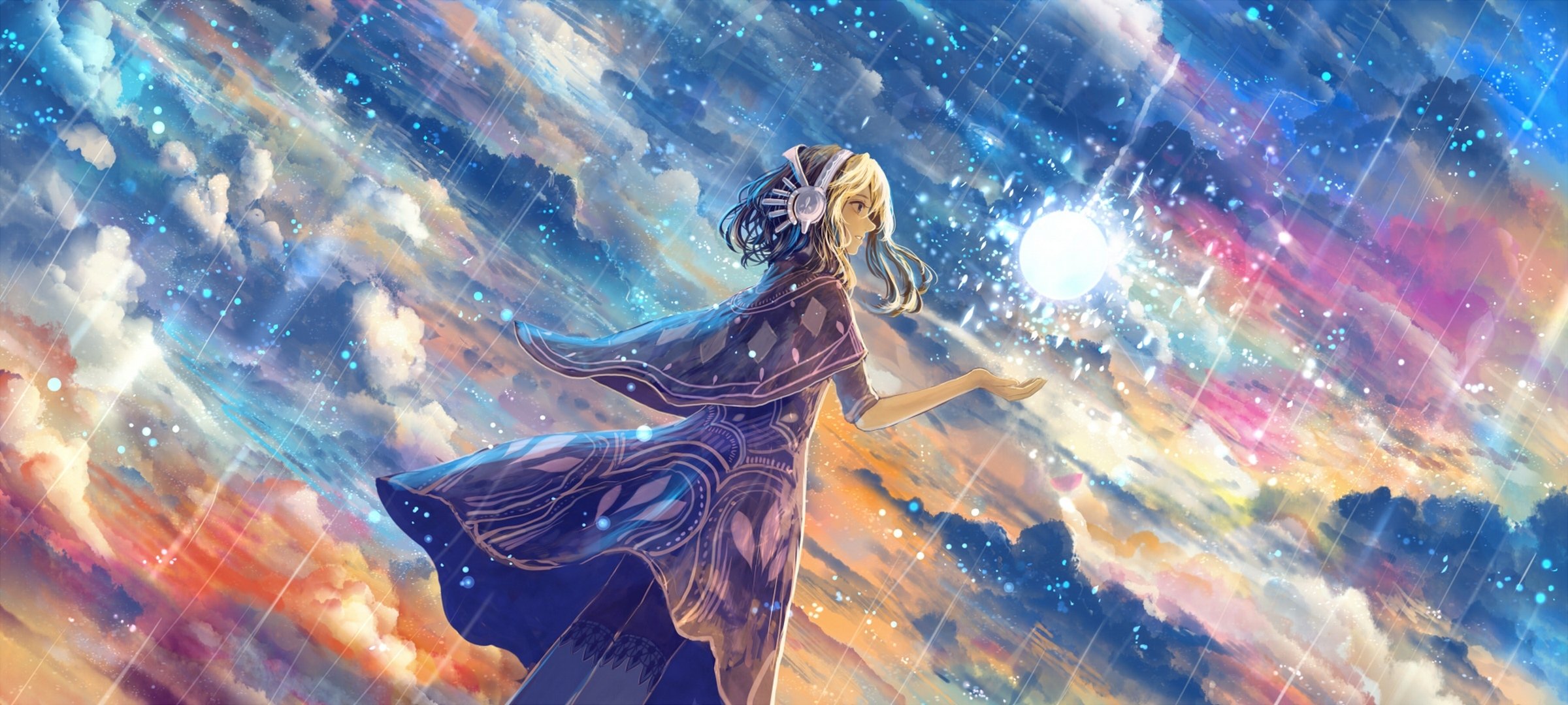 art bounin fille ciel nuages magie pluie anime