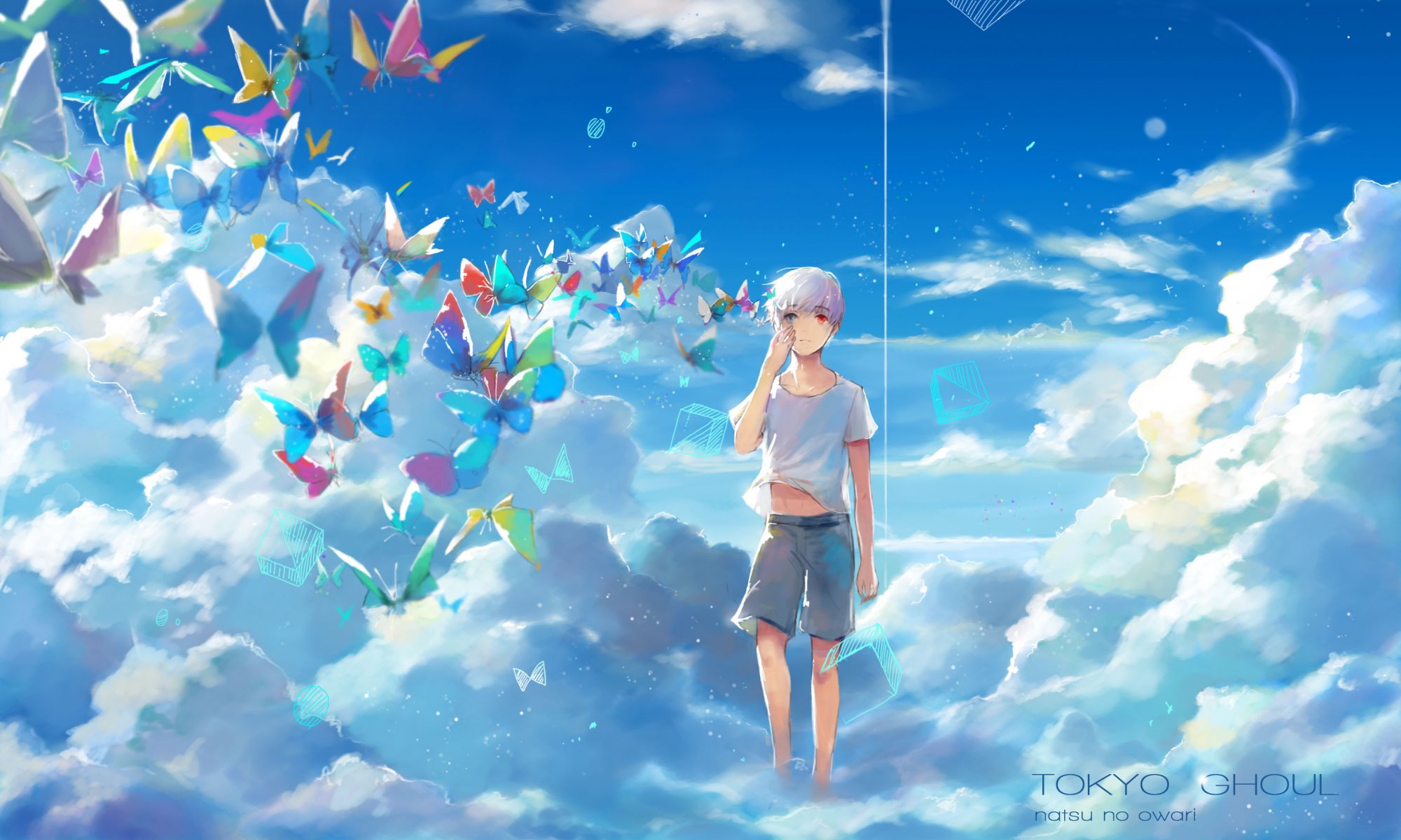 kunst ruoyuwang anime tokyo ghoul kaneki ken kerl himmel wolken tokyo ghoul schmetterlinge