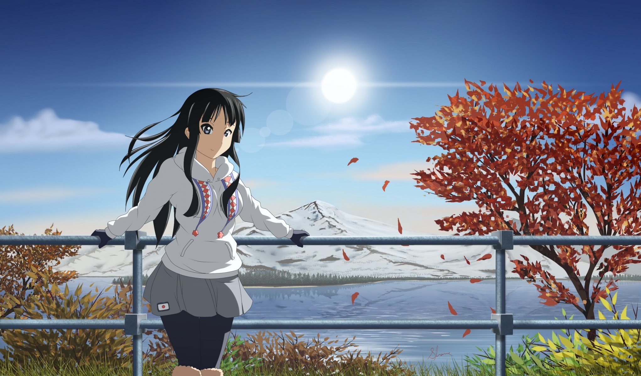 arte anime k-on chica akiyama mio montañas naturaleza paisaje sol árboles hojas río