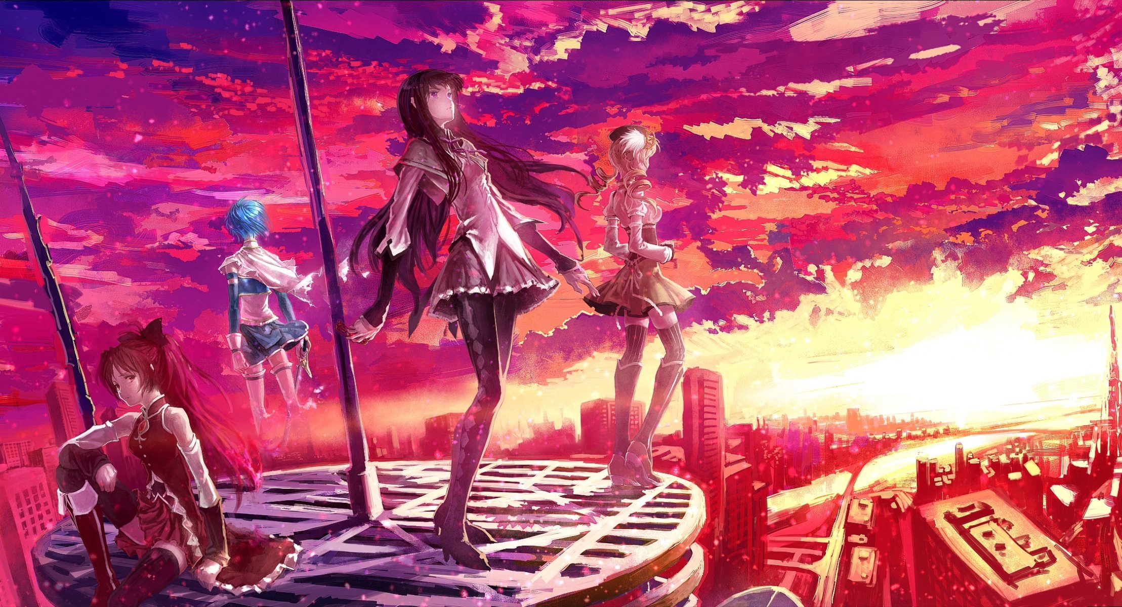 art couché anime magicienne madoka mahou shoujo madoka magica akemi homura tomoe mami sakura kyouko miki sayaka filles coucher de soleil maison ville ciel nuages bâtiments armes épée