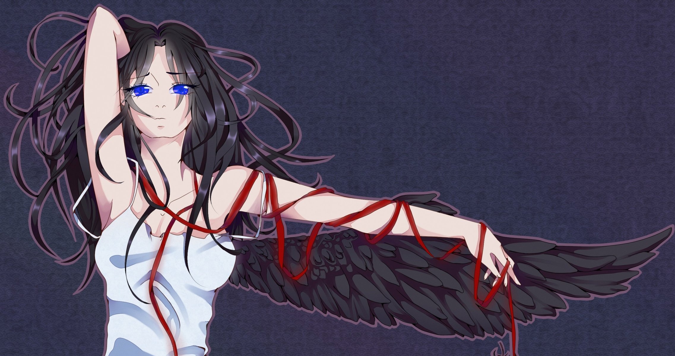 anime art girl angel wings view blue eyes hair white dre