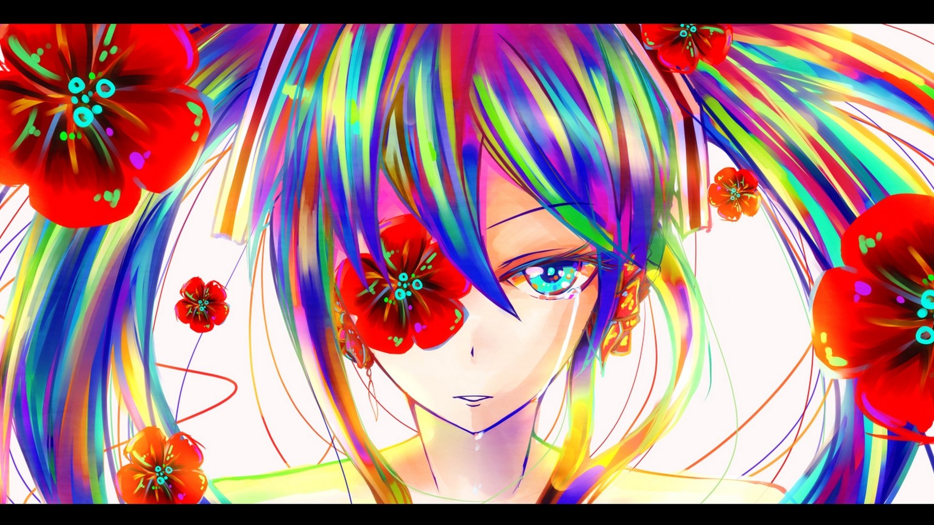 art vocaloid hatsune miku girl flowers poppy vocaloid tears colorful