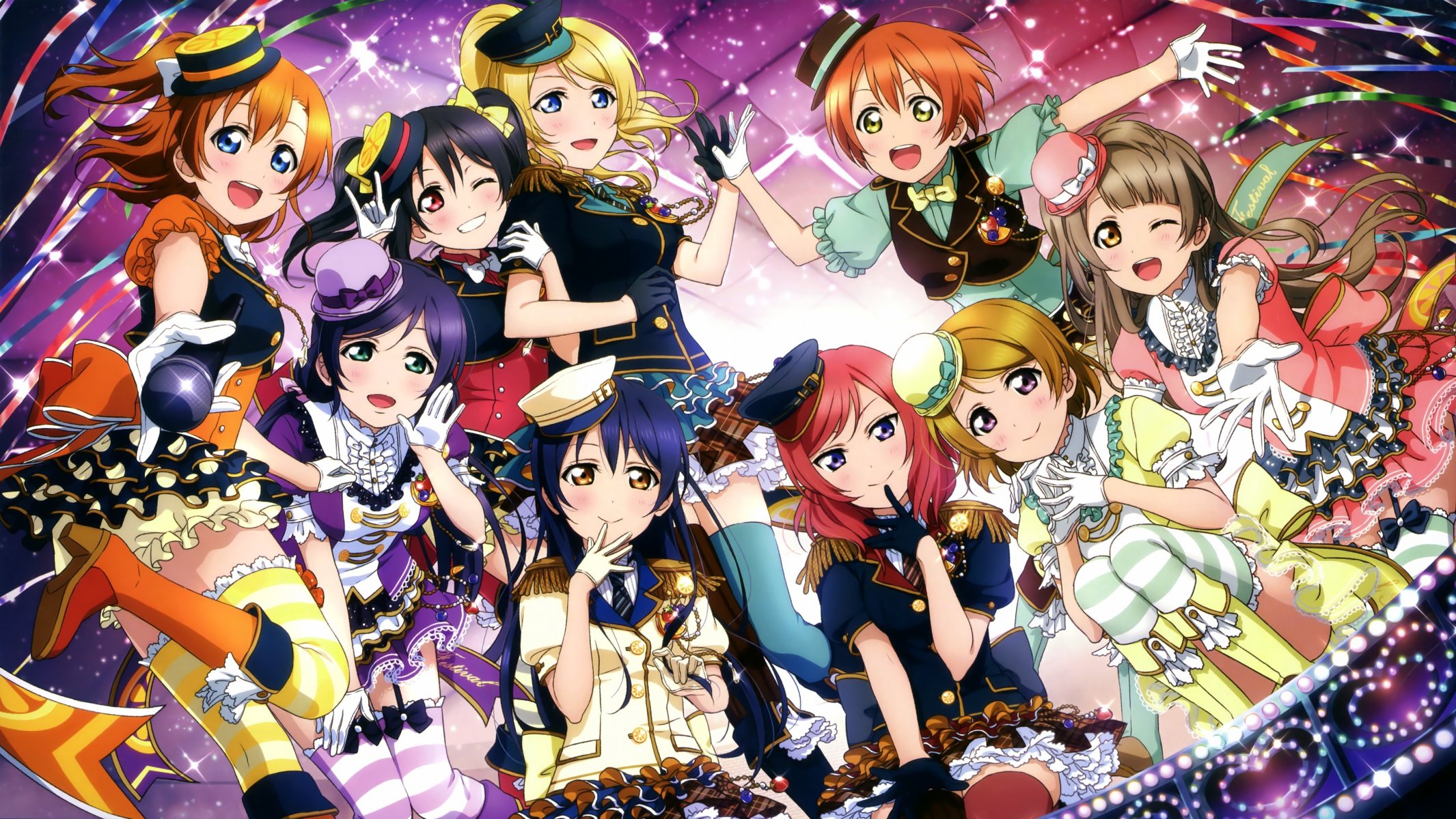 arte anime amor en vivo no escuela idol proyecto ayase eli hoshizora rin koizumi hanayo kousaka honoka minami kotori nishikino maki sonoda umi toujou nozomi yazawa nico chicas micrófono sombrero arcos