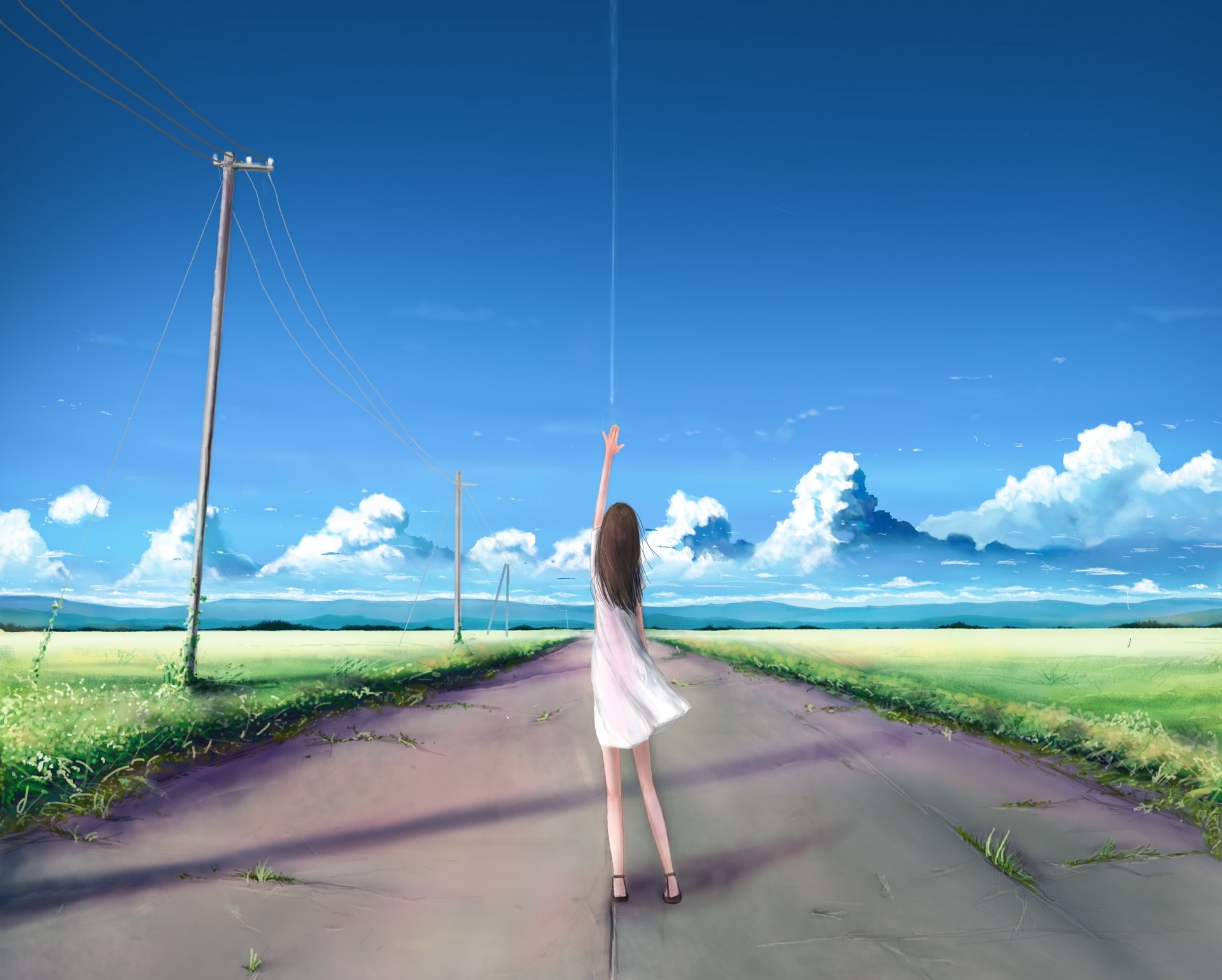 arte kia ragazza cielo nuvole mano pali fili natura anime strada