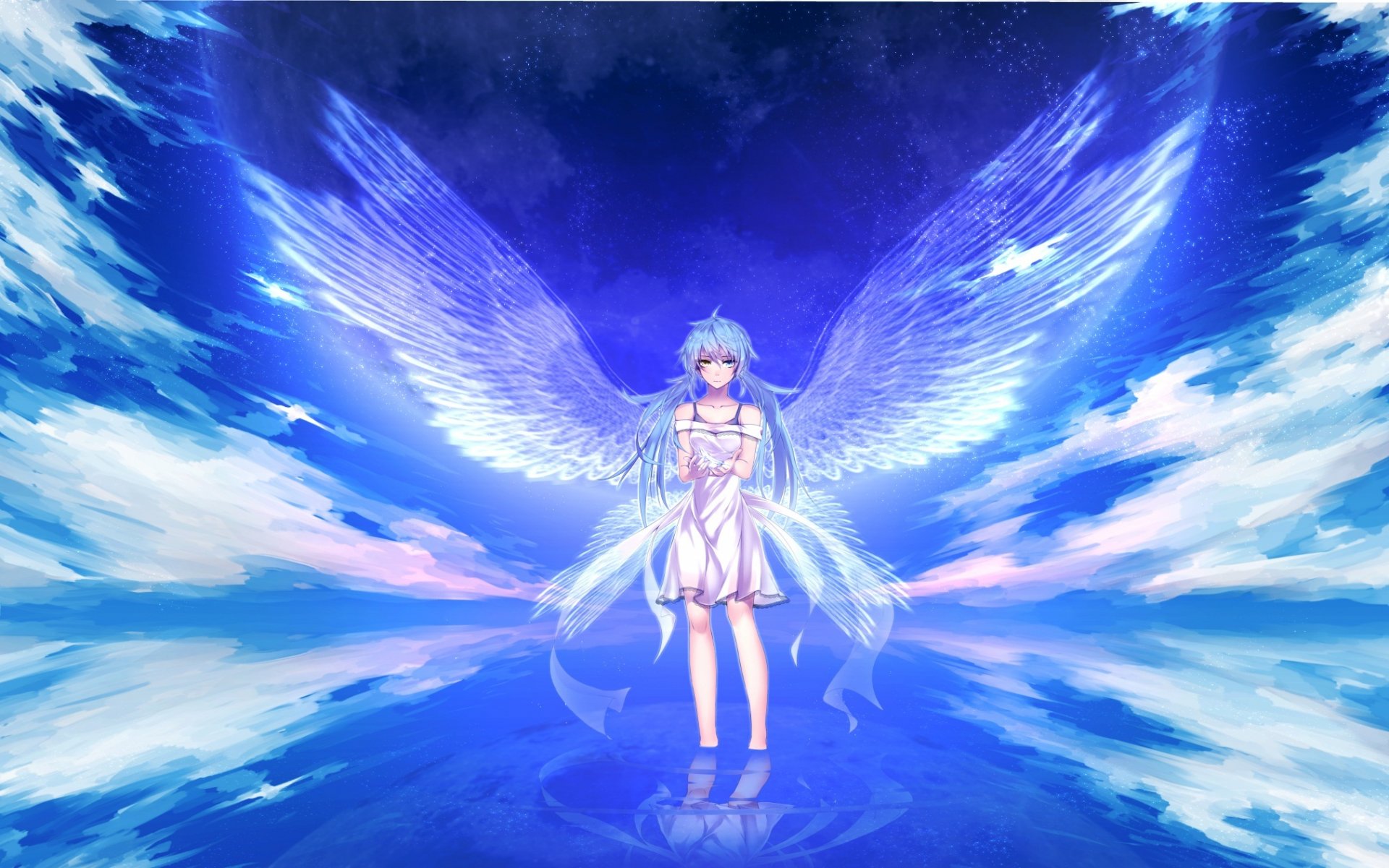 art takka aegis9294 vocaloid vocaloid hatsune miku fille ailes réflexion ciel nuages eau