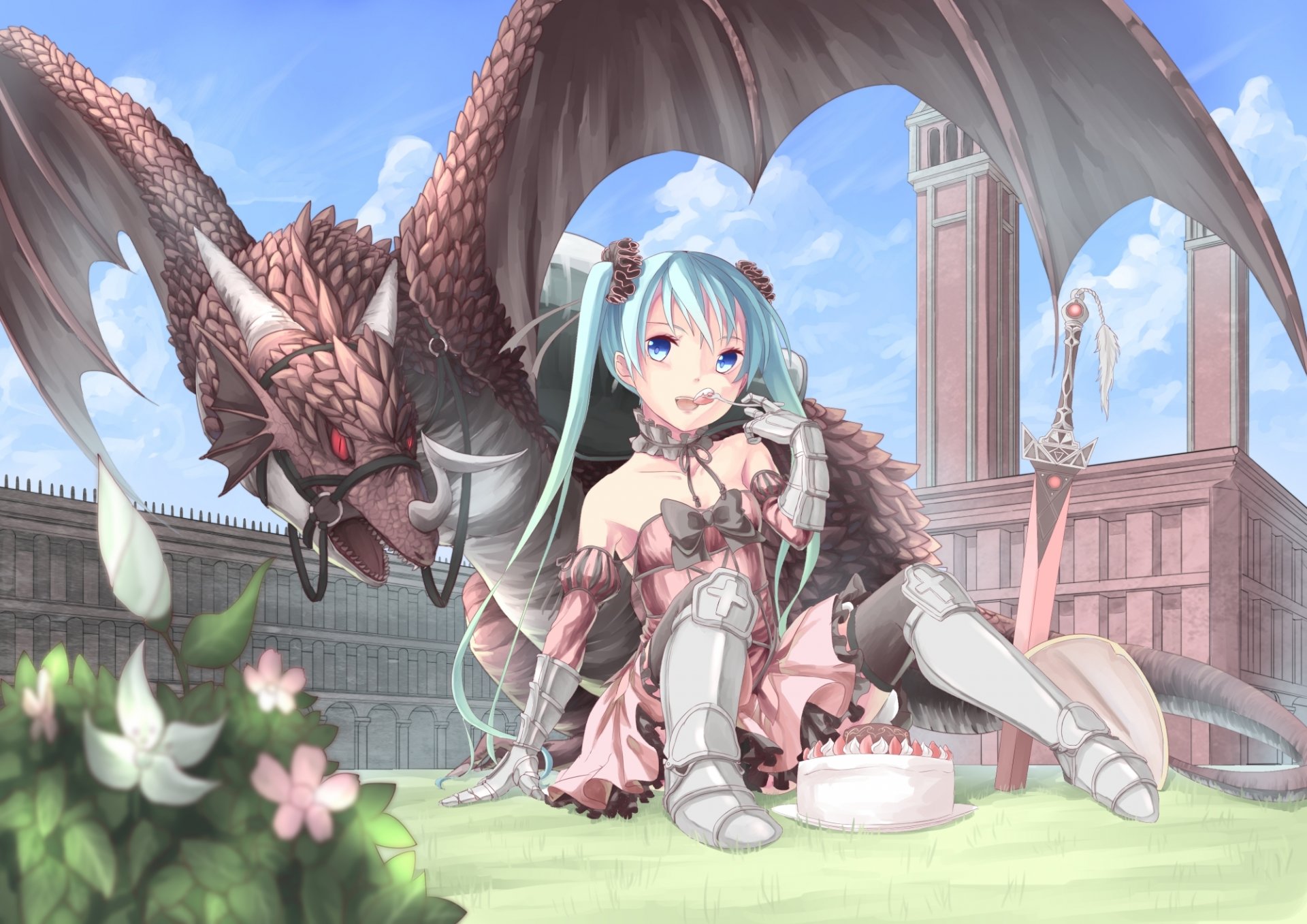 art saraki hatsune miku girl vocaloid vocaloid dragon sword cake castle sky clouds flower